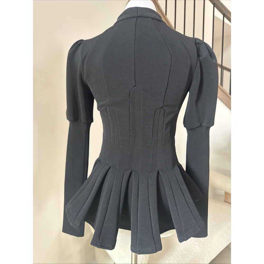 Vintage Bebe Structured Black Zip Front Peplum Jacket Puff Sleeve XS - Picture 2 of 10